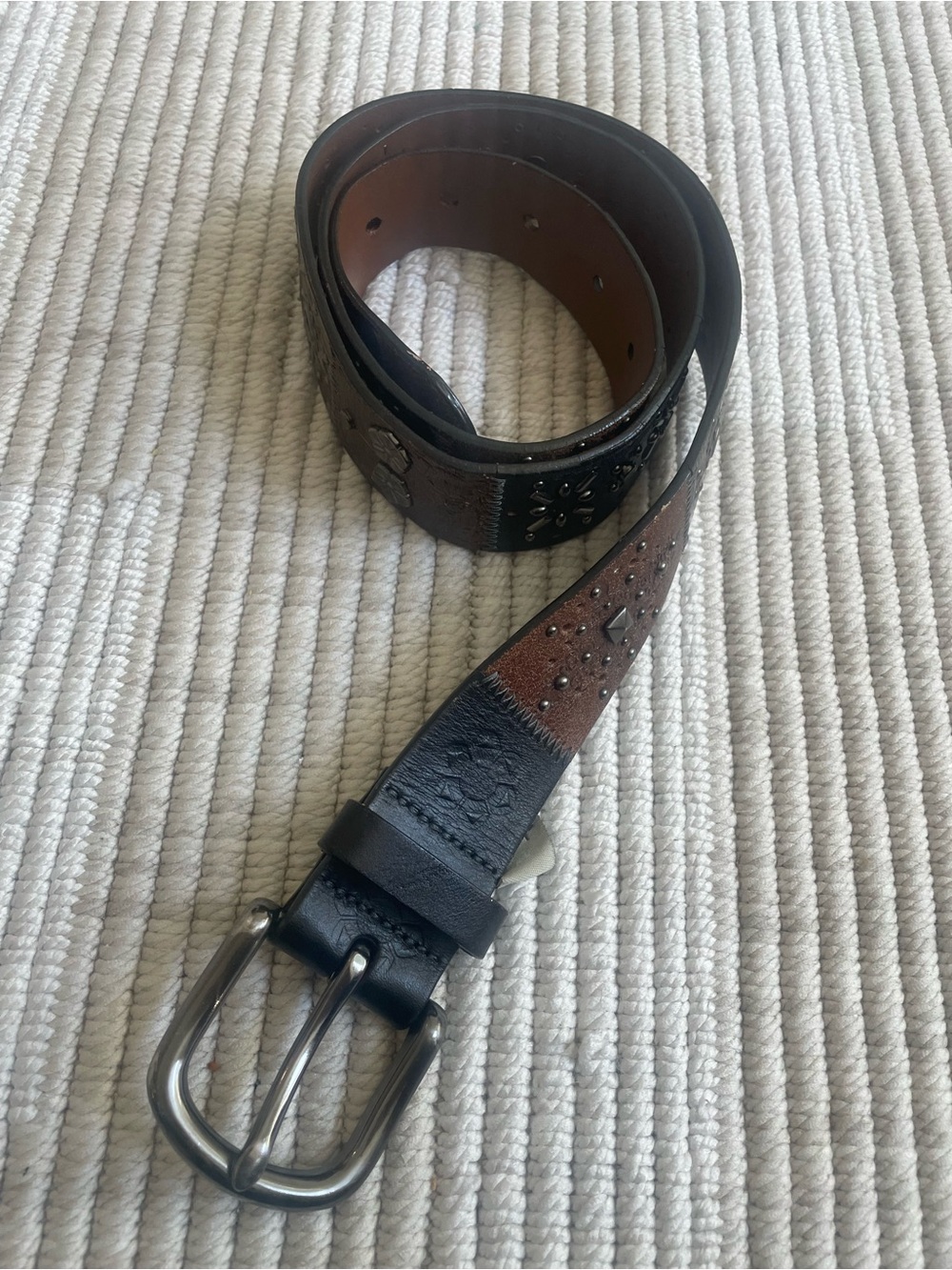Fossil Belt Womens L Brown Leather Boho Southwestern Floral Studded